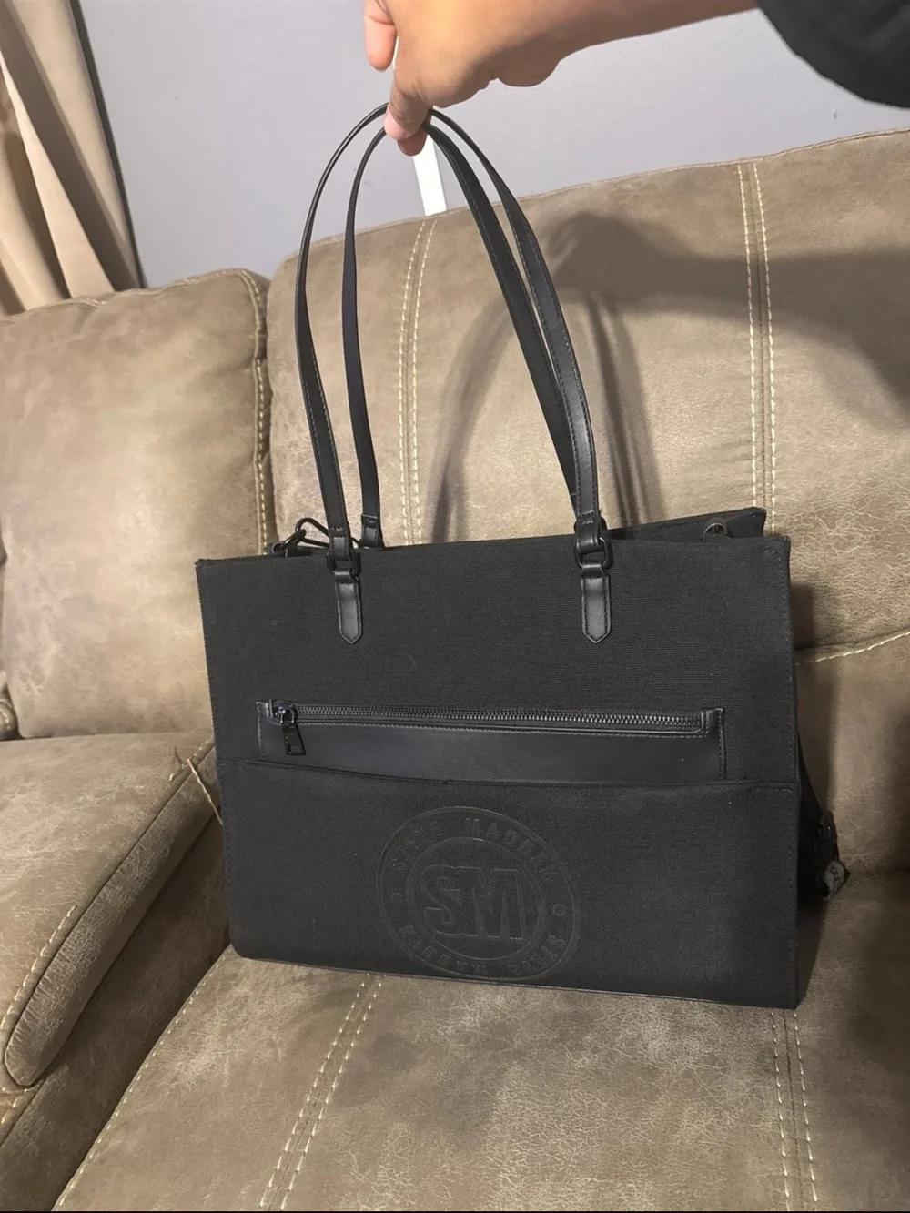Steve Madden Black Messenger Tote with Front Zip Pocket